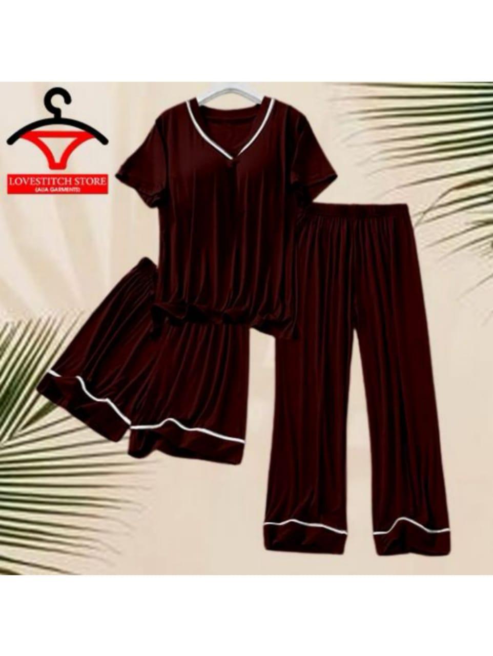 3 Pcs Women's Silk Night Suit – Maroon