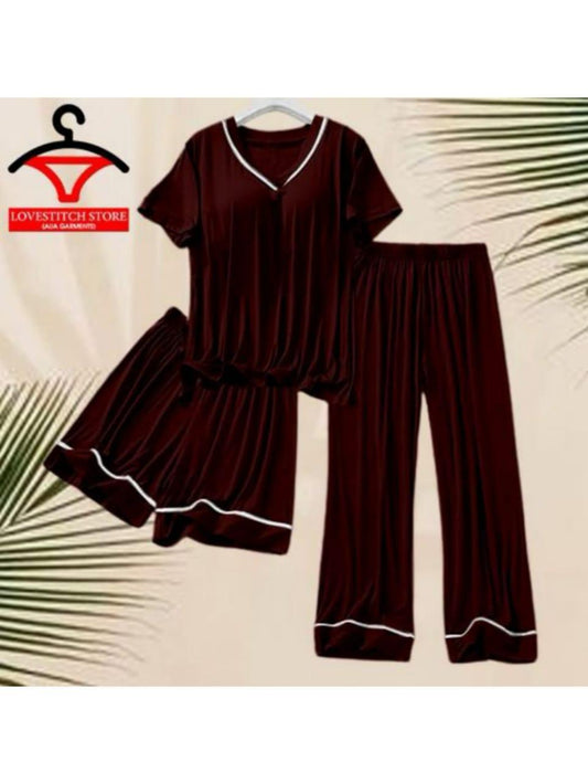 3 Pcs Women's Silk Night Suit – Maroon